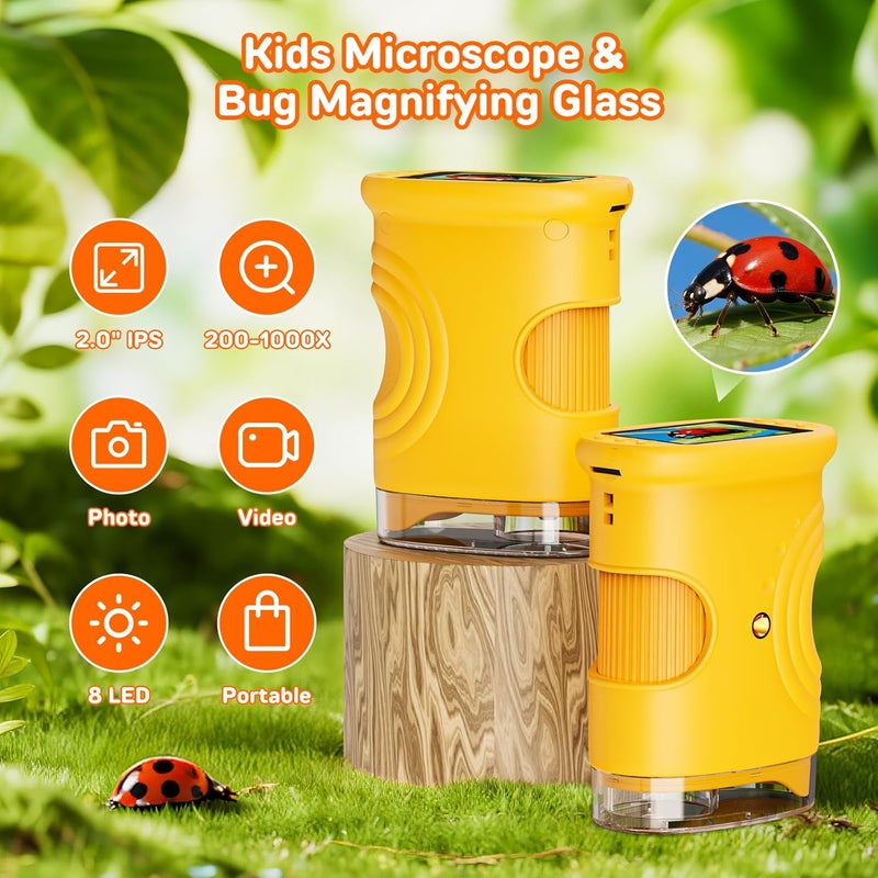 Ashfly 1000X Digital Handheld Microscope for Kids with 2.0" IPS Screen, Portable STEM Science Lab Toy, Rechargeable Pocket Microscope Educational Gift for Boys & Girls Age 4-6 8-12, Orange - Image 2